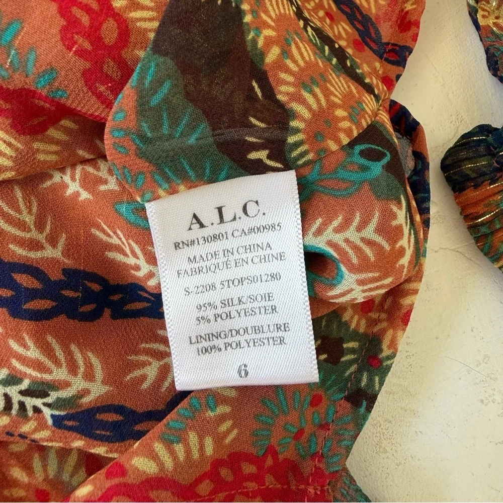 A.L.C. Top Women’s Multicolor Print Blouse Long Sleeve V-Neck $395 Size 6 - Picture 8 of 9